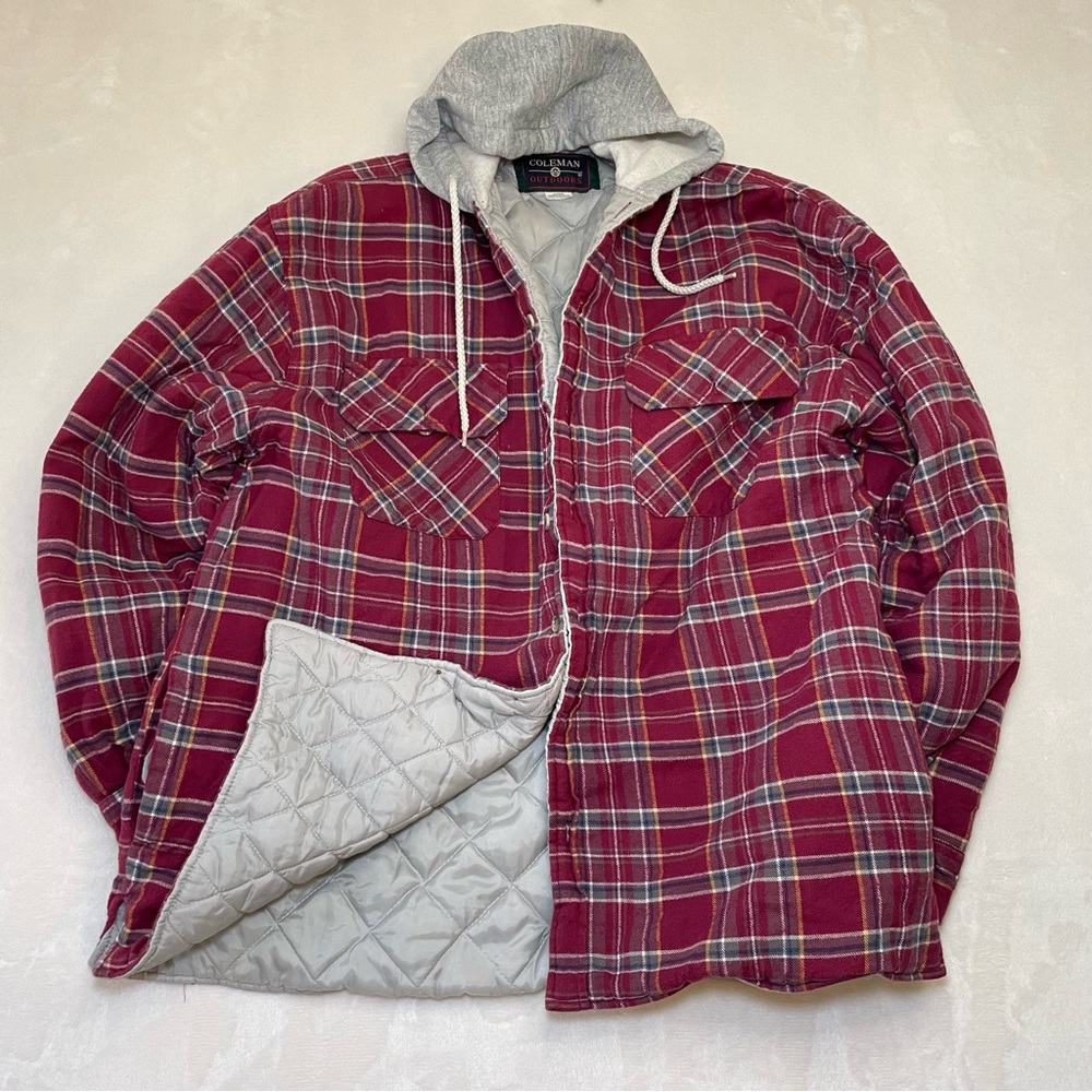 Vtg Coleman's Outdoors Red Plaid Quilted Lined Flannel Hooded Shacket Sz L